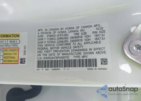 2023 Honda Cr-V Ex-L 2Wd z USA, uszkodzony, nr VIN 2HKRS3H76PH300742
